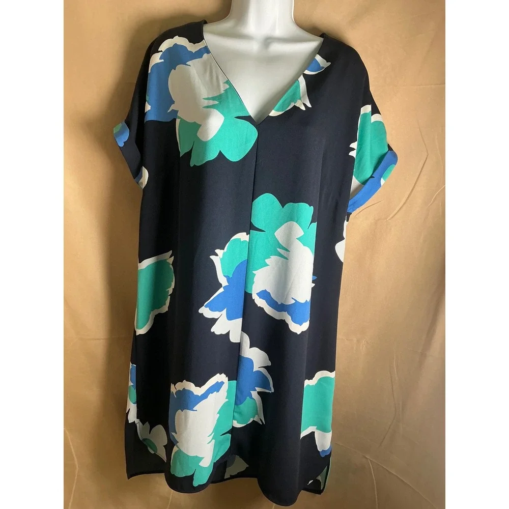 A New Day Floral V-Neck Shift Dress Womens XL Navy Blue Excellent Short Sleeve